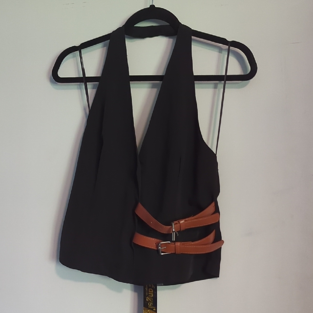 Stylish Black Halter Top with Brown Straps